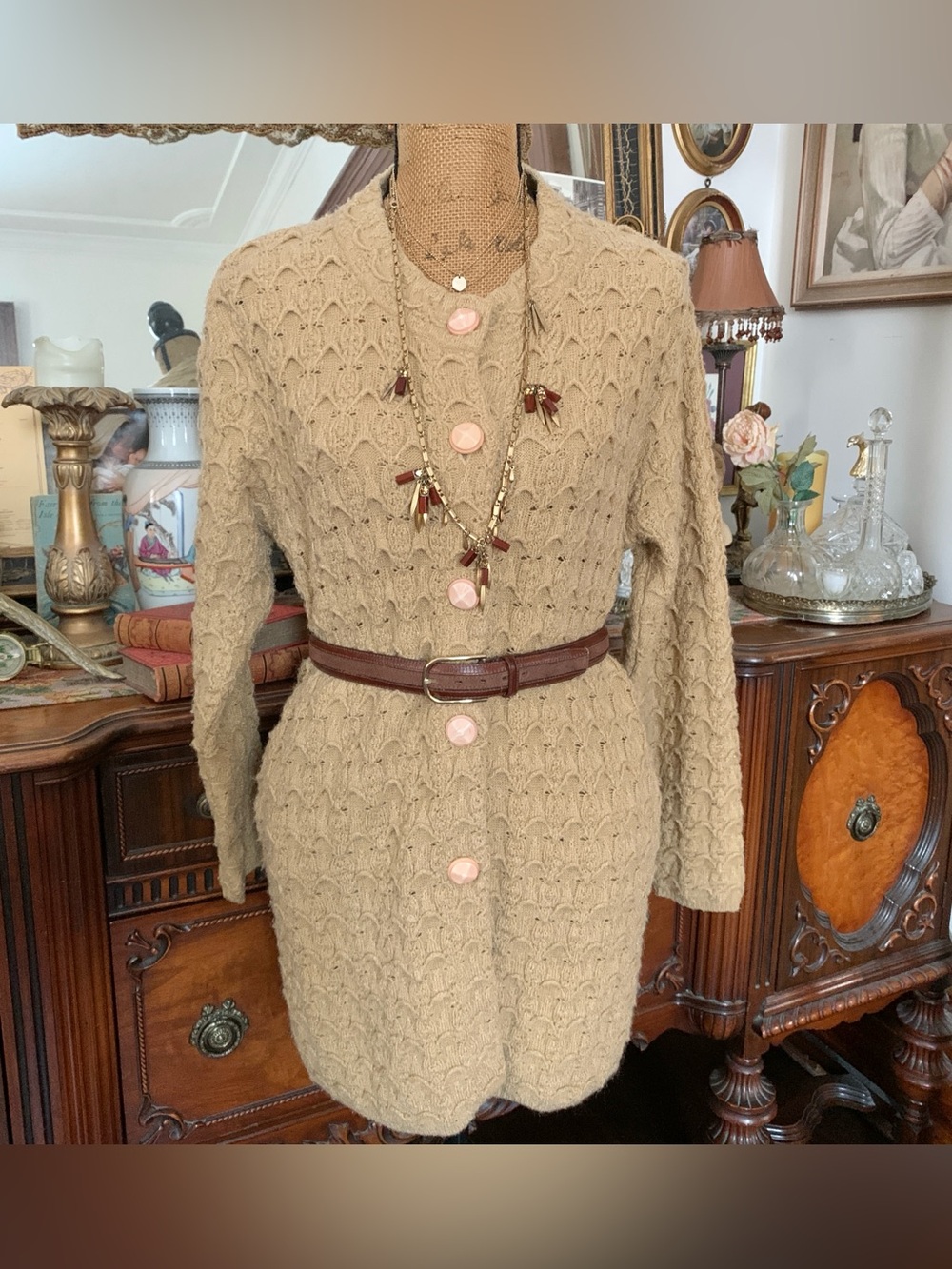 Vintage 80's-90's Boho Granny Cottagecore Golden Cardigan Sweater Sweater Dress